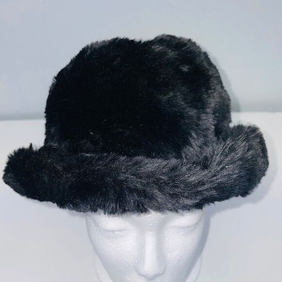 Vintage Womens Bucket Cloche Black Hat Faux Fur Mod